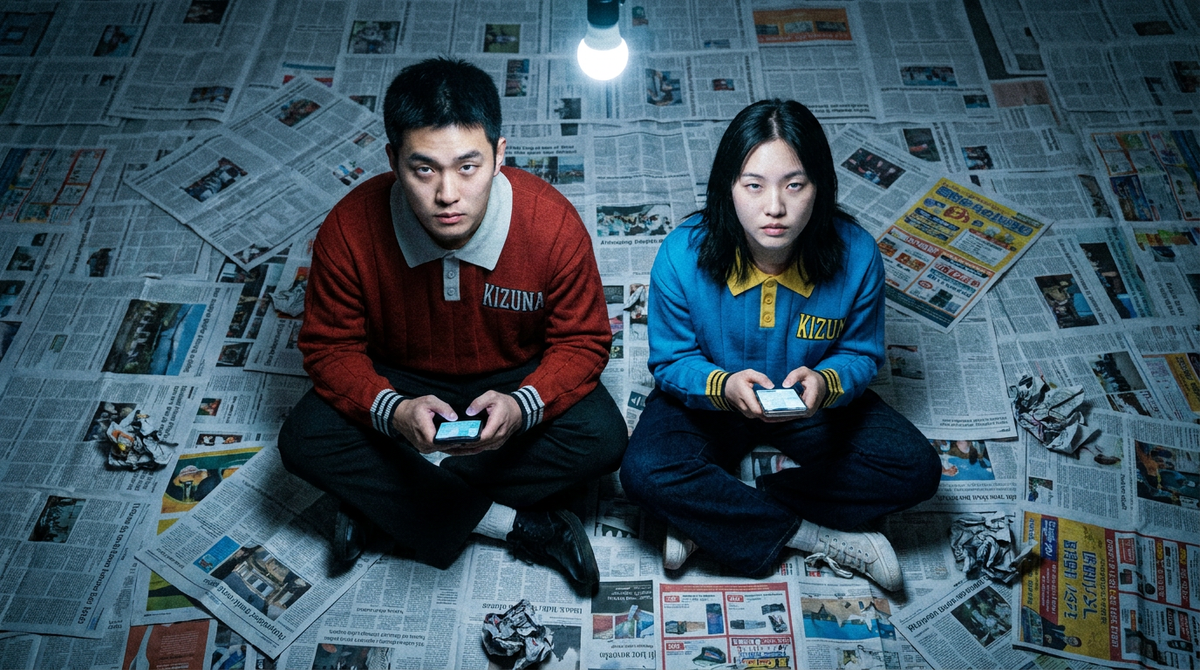 Two friends in KIZUNA knit polo sweaters sitting on a floor covered in newspapers